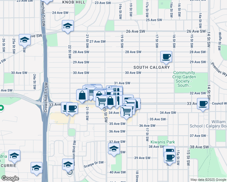 map of restaurants, bars, coffee shops, grocery stores, and more near 2022 32 Avenue Southwest in Calgary