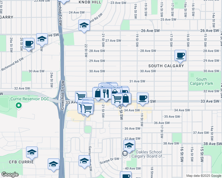 map of restaurants, bars, coffee shops, grocery stores, and more near 2124 32 Avenue Southwest in Calgary