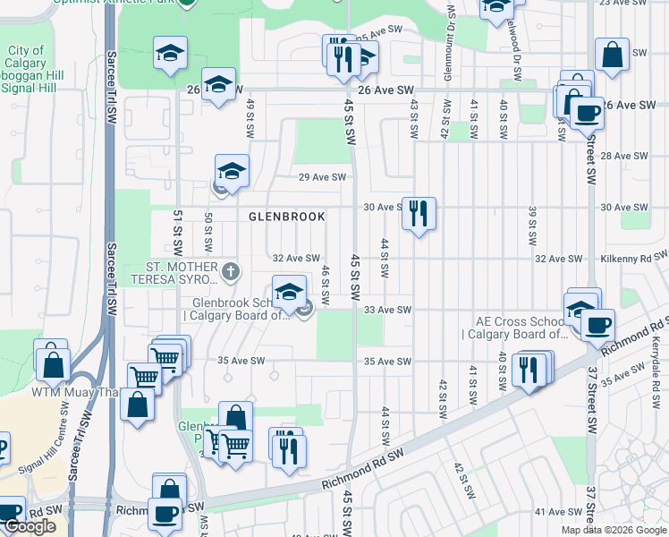 map of restaurants, bars, coffee shops, grocery stores, and more near in Calgary