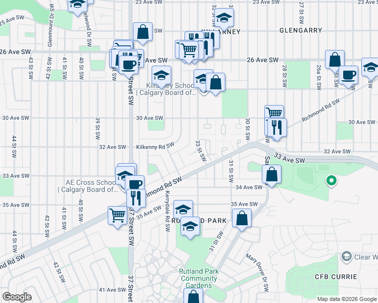 map of restaurants, bars, coffee shops, grocery stores, and more near 3215 Kenmare Crescent Southwest in Calgary