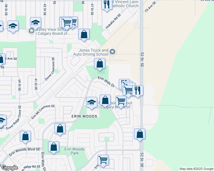 map of restaurants, bars, coffee shops, grocery stores, and more near 581 Erin Woods Terrace Southeast in Calgary