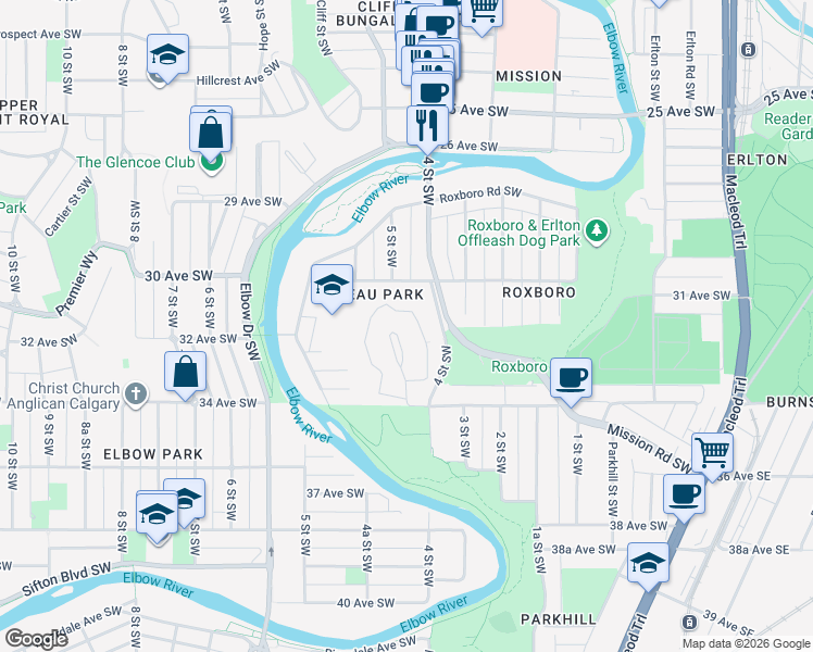 map of restaurants, bars, coffee shops, grocery stores, and more near in Calgary