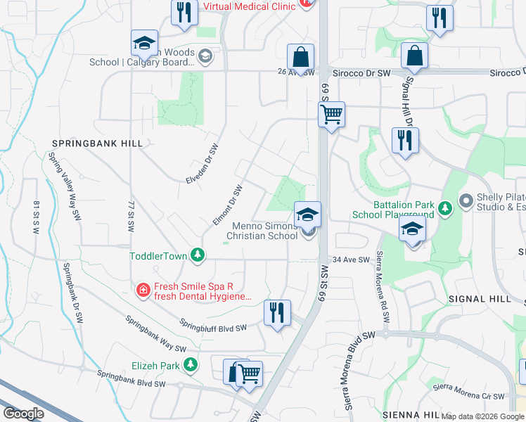 map of restaurants, bars, coffee shops, grocery stores, and more near 50 Elmont Estates Manor Southwest in Calgary