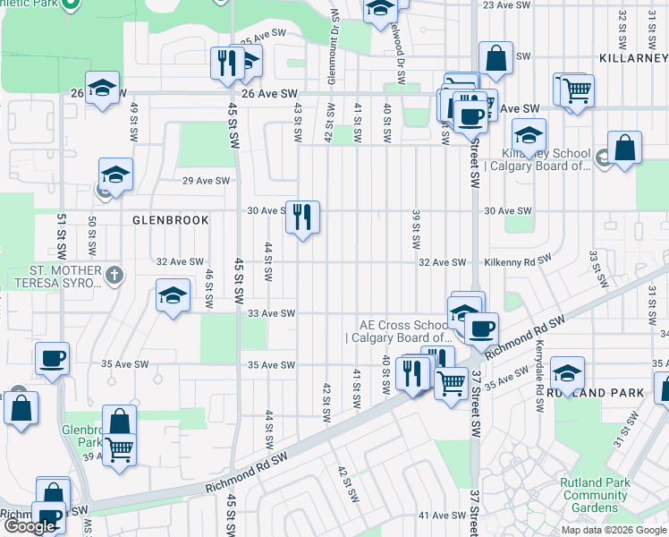 map of restaurants, bars, coffee shops, grocery stores, and more near 3304 42 Street Southwest in Calgary