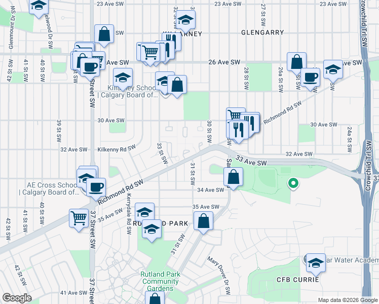 map of restaurants, bars, coffee shops, grocery stores, and more near 244 Killarney Glen Court Southwest in Calgary