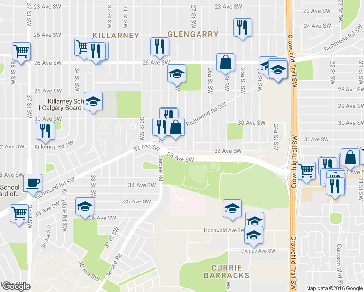 map of restaurants, bars, coffee shops, grocery stores, and more near 3250 28 Street Southwest in Calgary