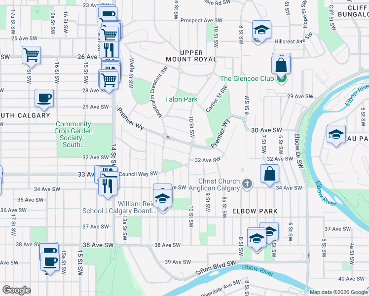 map of restaurants, bars, coffee shops, grocery stores, and more near 1105 Premier Way Southwest in Calgary