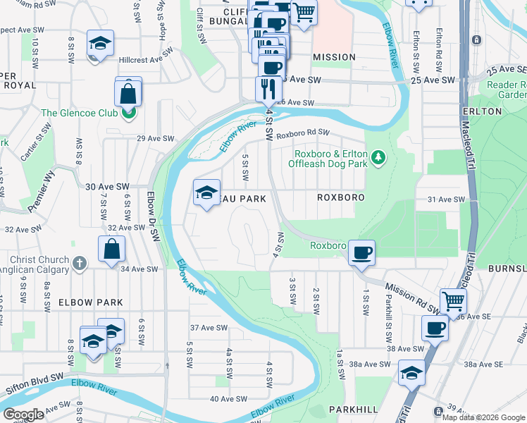 map of restaurants, bars, coffee shops, grocery stores, and more near in Calgary