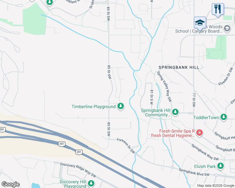 map of restaurants, bars, coffee shops, grocery stores, and more near 40 Timberline Way Southwest in Calgary