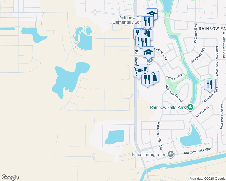 map of restaurants, bars, coffee shops, grocery stores, and more near Rainbow Road in Chestermere