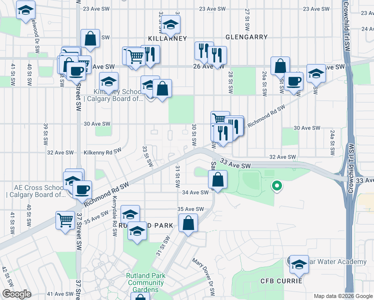 map of restaurants, bars, coffee shops, grocery stores, and more near 121 Killarney Glen Court Southwest in Calgary