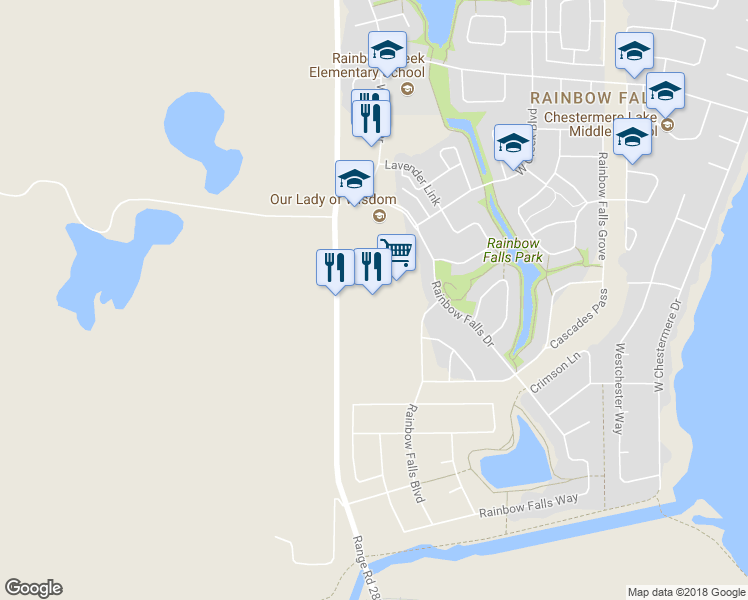 map of restaurants, bars, coffee shops, grocery stores, and more near 100 Range Road 283 in Chestermere