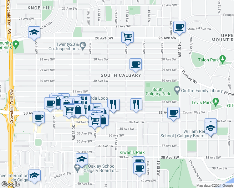 map of restaurants, bars, coffee shops, grocery stores, and more near 1821 31 Avenue Southwest in Calgary