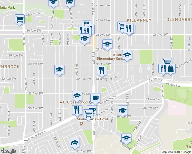 map of restaurants, bars, coffee shops, grocery stores, and more near 3716 Kilkenny Road Southwest in Calgary