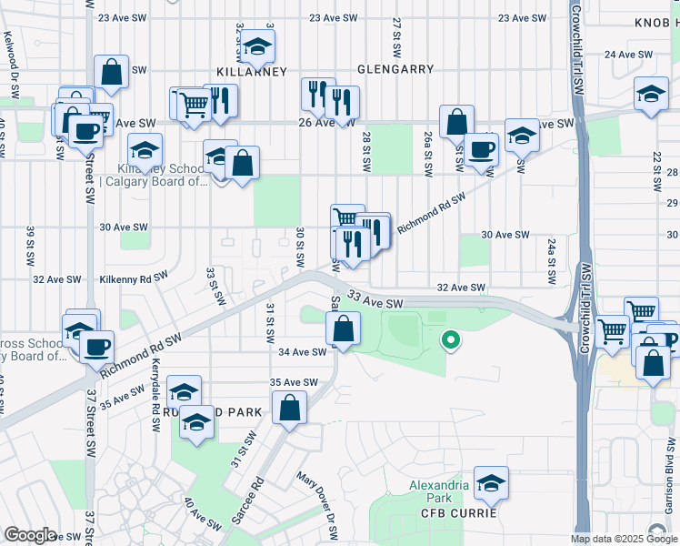 map of restaurants, bars, coffee shops, grocery stores, and more near 4525 31 Avenue Southwest in Calgary