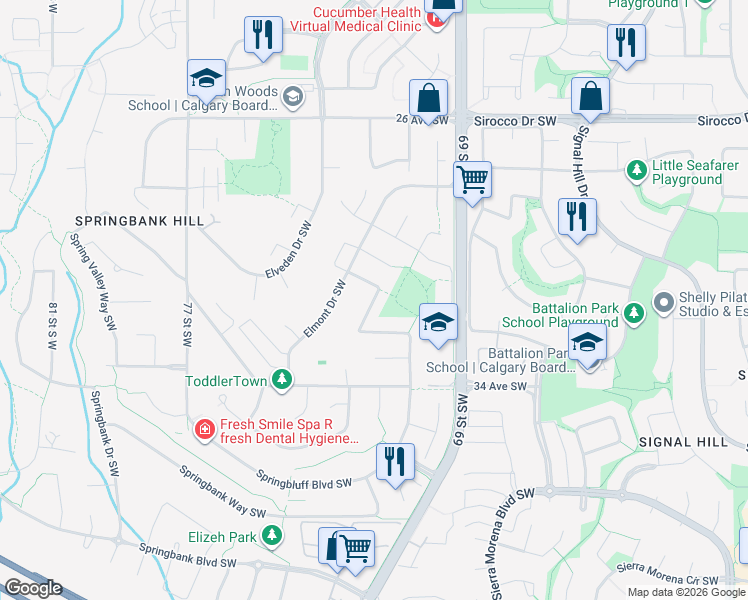 map of restaurants, bars, coffee shops, grocery stores, and more near Elmont Estates Manor Southwest in Calgary