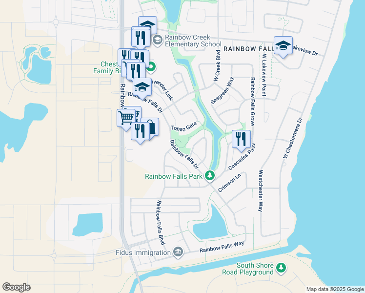 map of restaurants, bars, coffee shops, grocery stores, and more near 301 Rainbow Falls Drive in Chestermere