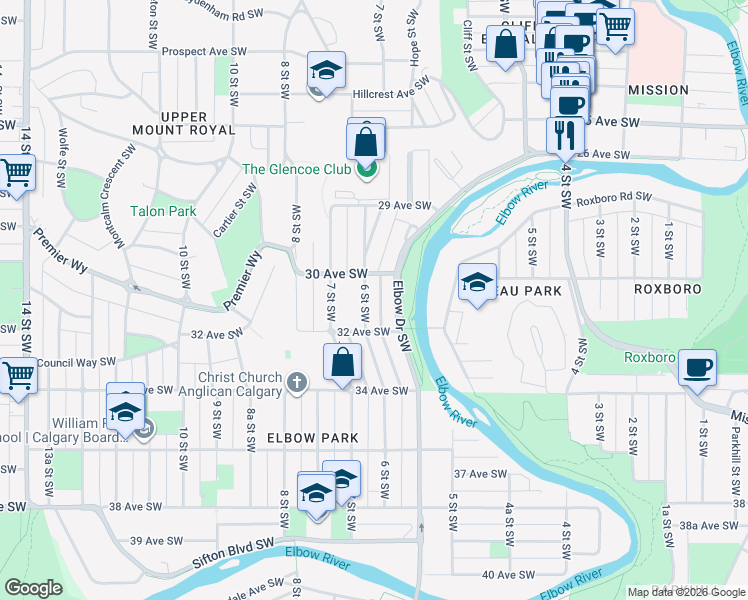 map of restaurants, bars, coffee shops, grocery stores, and more near 3223 Elbow Drive Southwest in Calgary