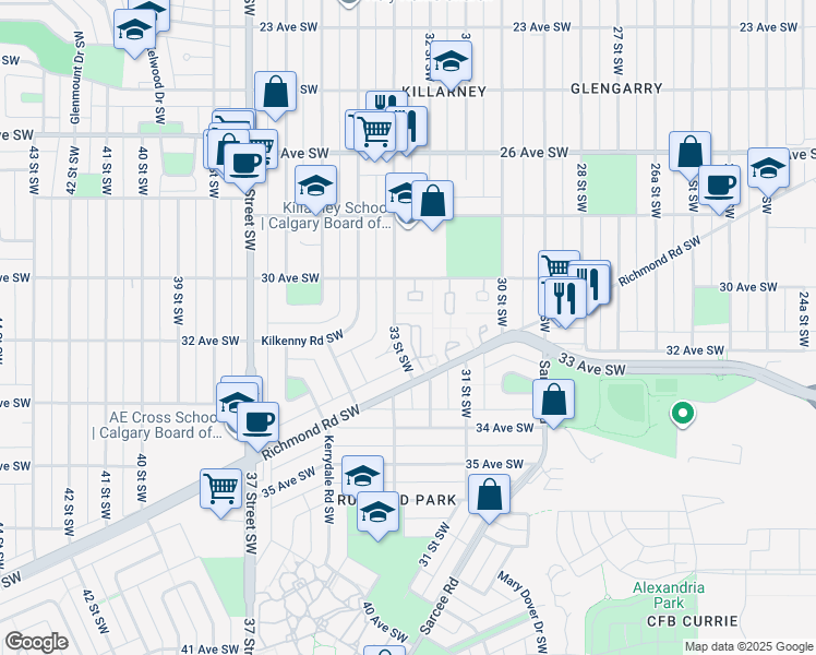 map of restaurants, bars, coffee shops, grocery stores, and more near 382 33 Street Southwest in Calgary