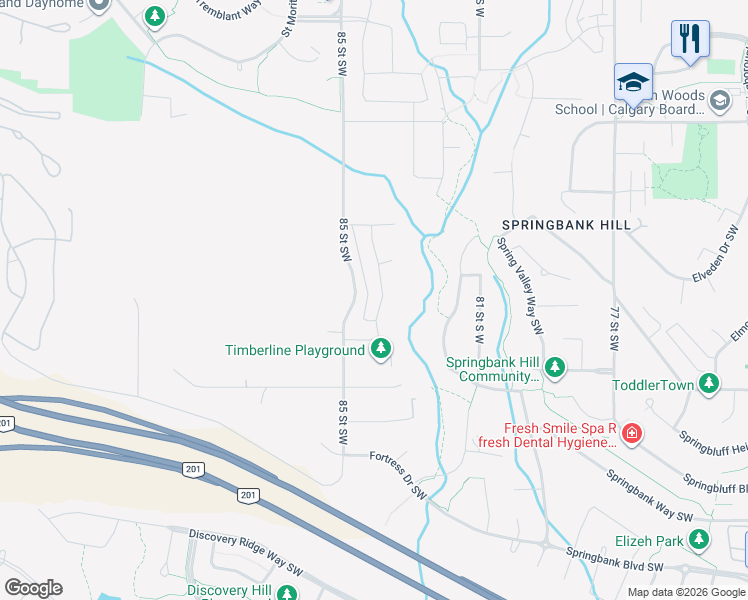 map of restaurants, bars, coffee shops, grocery stores, and more near 40 Timberline Way Southwest in Calgary