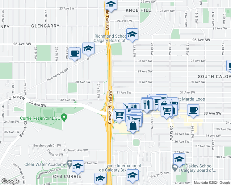 map of restaurants, bars, coffee shops, grocery stores, and more near 4525 31 Avenue Southwest in Calgary