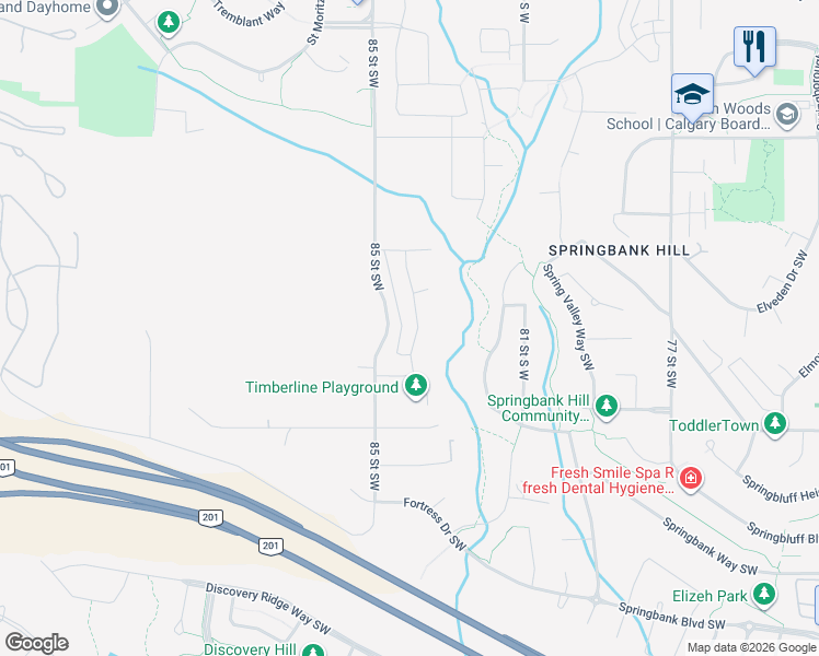 map of restaurants, bars, coffee shops, grocery stores, and more near 40 Timberline Way Southwest in Calgary