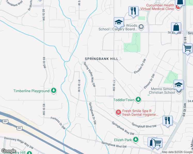 map of restaurants, bars, coffee shops, grocery stores, and more near 62 Spring Valley Place Southwest in Calgary