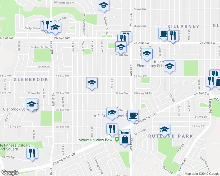map of restaurants, bars, coffee shops, grocery stores, and more near in Calgary