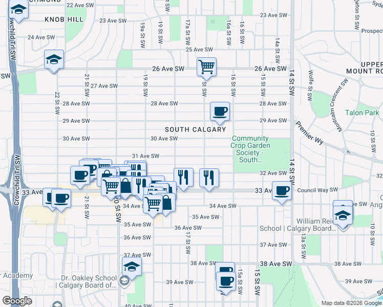 map of restaurants, bars, coffee shops, grocery stores, and more near 1821 31 Avenue Southwest in Calgary