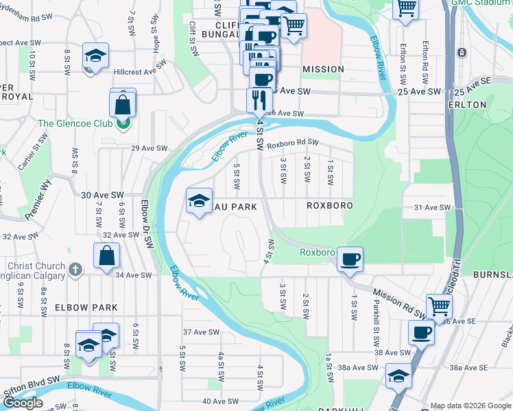 map of restaurants, bars, coffee shops, grocery stores, and more near in Calgary