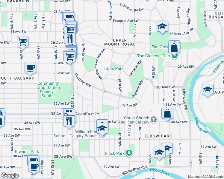 map of restaurants, bars, coffee shops, grocery stores, and more near 1105 Premier Way Southwest in Calgary