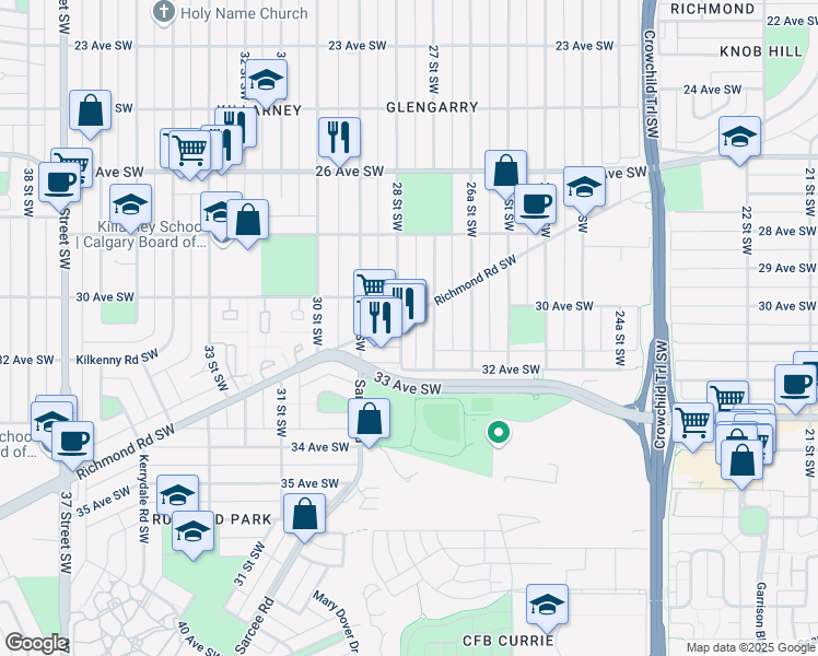 map of restaurants, bars, coffee shops, grocery stores, and more near 3250 28 Street Southwest in Calgary