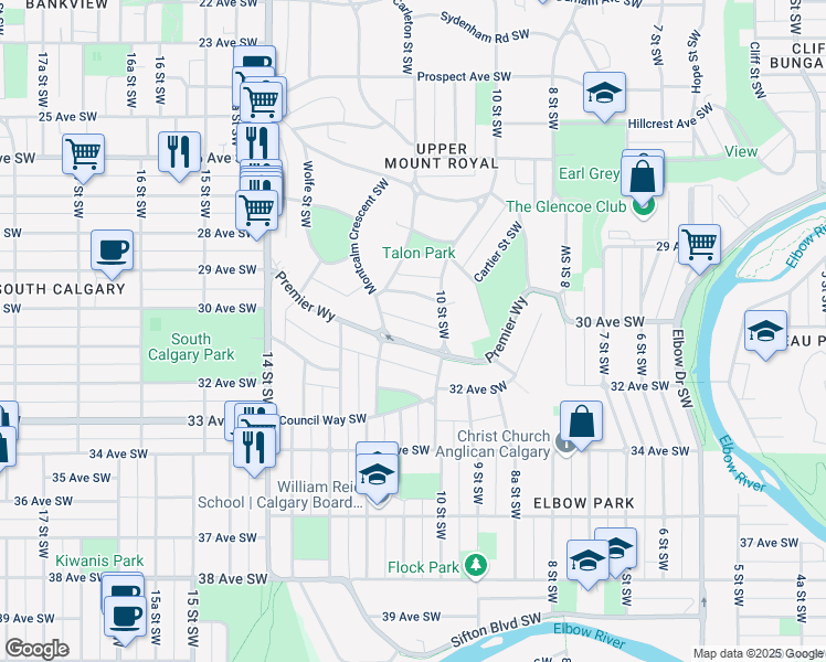 map of restaurants, bars, coffee shops, grocery stores, and more near 1118 Premier Way Southwest in Calgary