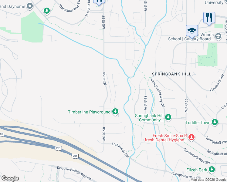 map of restaurants, bars, coffee shops, grocery stores, and more near 96 Timberline Way Southwest in Calgary