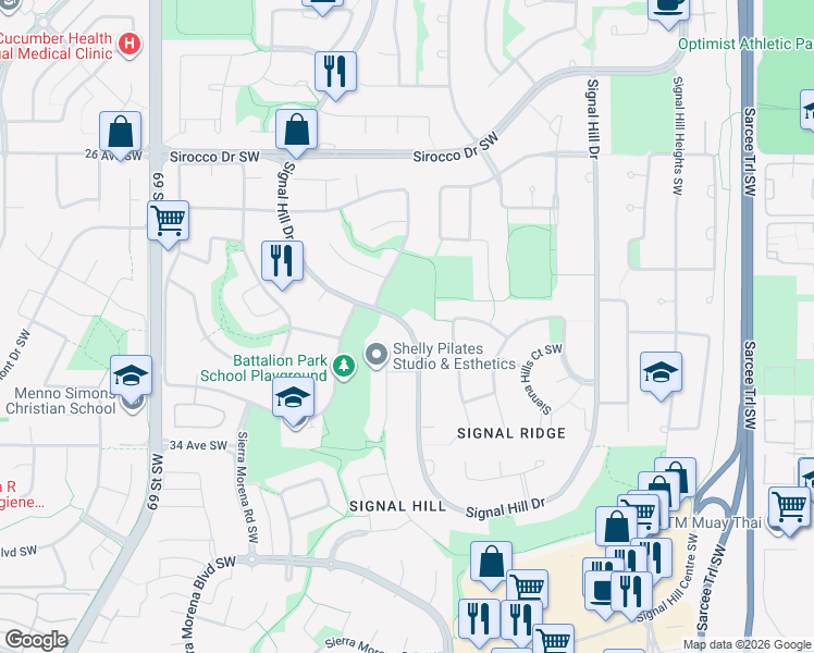 map of restaurants, bars, coffee shops, grocery stores, and more near 3178 Signal Hill Drive in Calgary