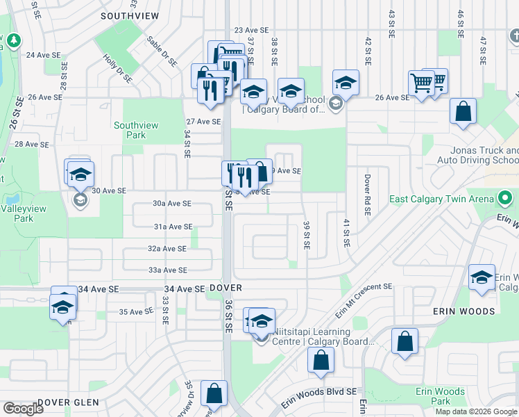 map of restaurants, bars, coffee shops, grocery stores, and more near 48 Dovercliffe Way Southeast in Calgary