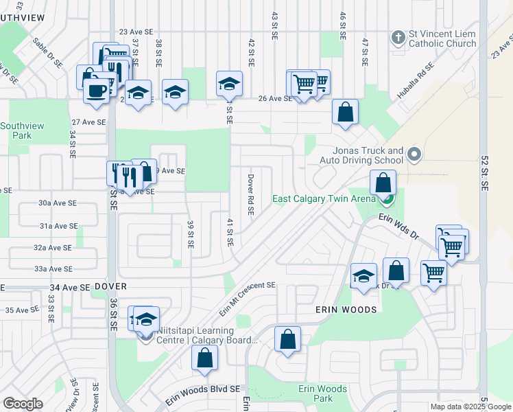 map of restaurants, bars, coffee shops, grocery stores, and more near 3210 Dover Road Southeast in Calgary