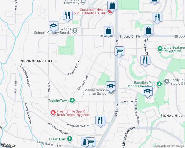map of restaurants, bars, coffee shops, grocery stores, and more near 10 Elmont Estates Manor Southwest in Calgary