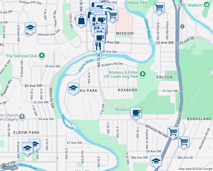 map of restaurants, bars, coffee shops, grocery stores, and more near 3029 3 Street Southwest in Calgary