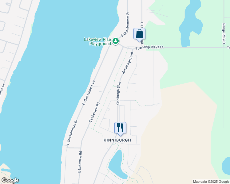 map of restaurants, bars, coffee shops, grocery stores, and more near 128 Kinniburgh Bay in Chestermere