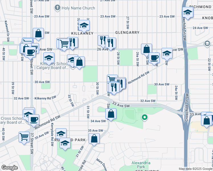 map of restaurants, bars, coffee shops, grocery stores, and more near 3207 29 Street Southwest in Calgary