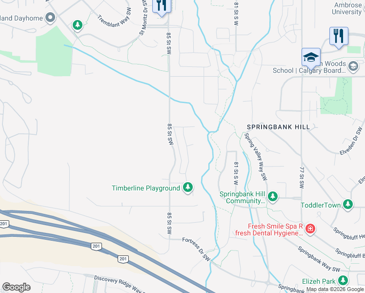map of restaurants, bars, coffee shops, grocery stores, and more near 96 Timberline Way Southwest in Calgary