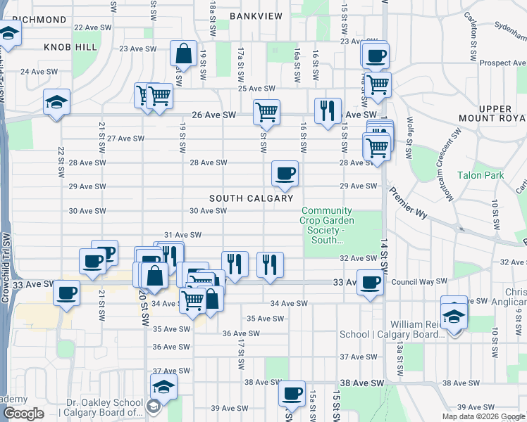 map of restaurants, bars, coffee shops, grocery stores, and more near 17 Street Southwest in Calgary