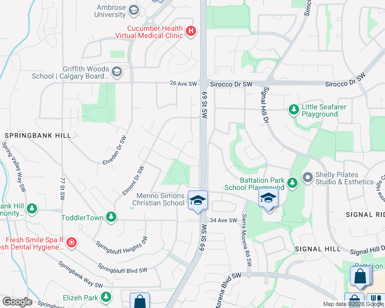 map of restaurants, bars, coffee shops, grocery stores, and more near 48 Elmont Rise Southwest in Calgary