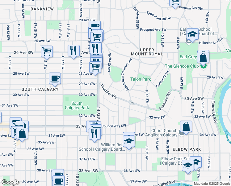 map of restaurants, bars, coffee shops, grocery stores, and more near 1416 Premier Way Southwest in Calgary