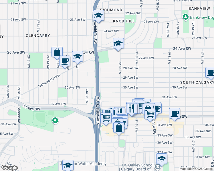 map of restaurants, bars, coffee shops, grocery stores, and more near 2436 30 Avenue Southwest in Calgary