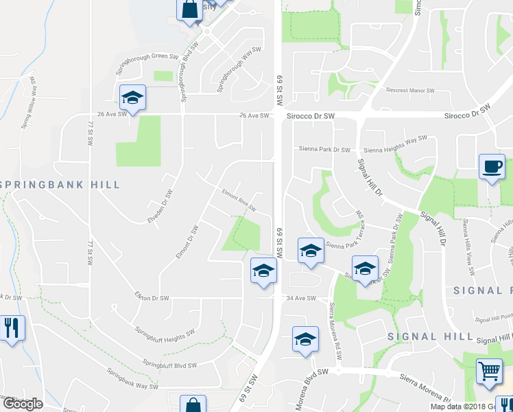 map of restaurants, bars, coffee shops, grocery stores, and more near 48 Elmont Rise Southwest in Calgary