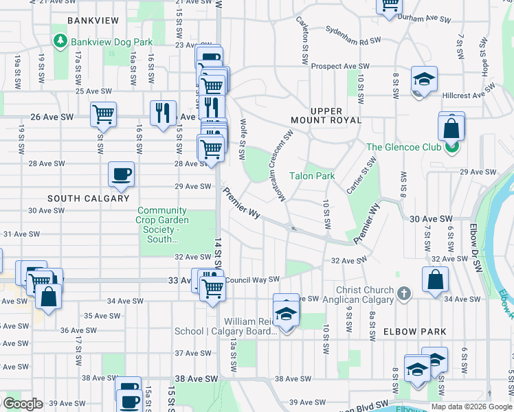 map of restaurants, bars, coffee shops, grocery stores, and more near in Calgary