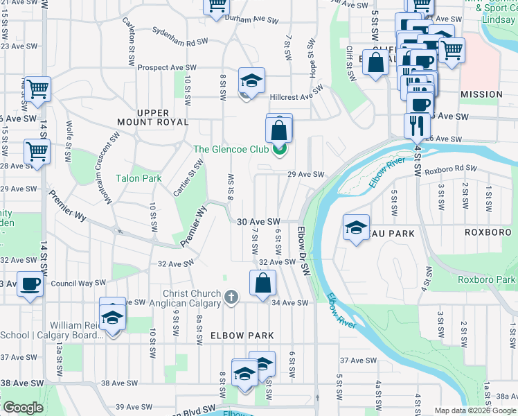 map of restaurants, bars, coffee shops, grocery stores, and more near 3036 7 Street Southwest in Calgary