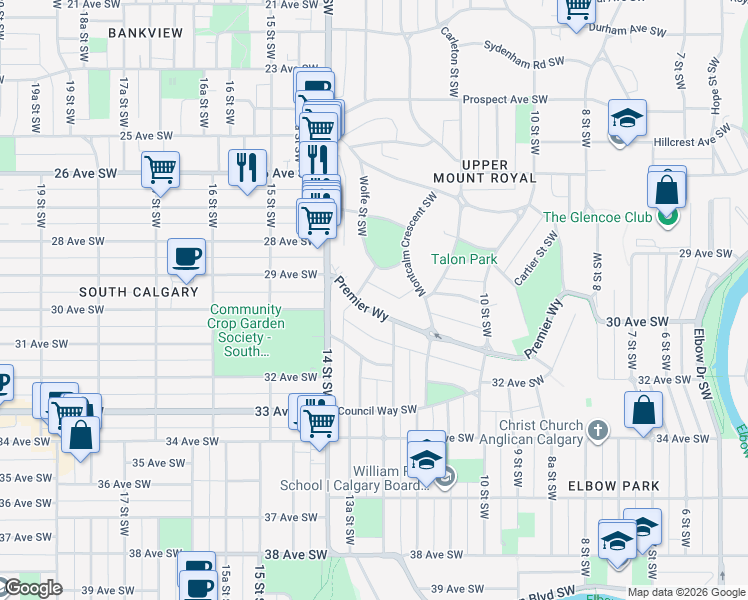 map of restaurants, bars, coffee shops, grocery stores, and more near in Calgary
